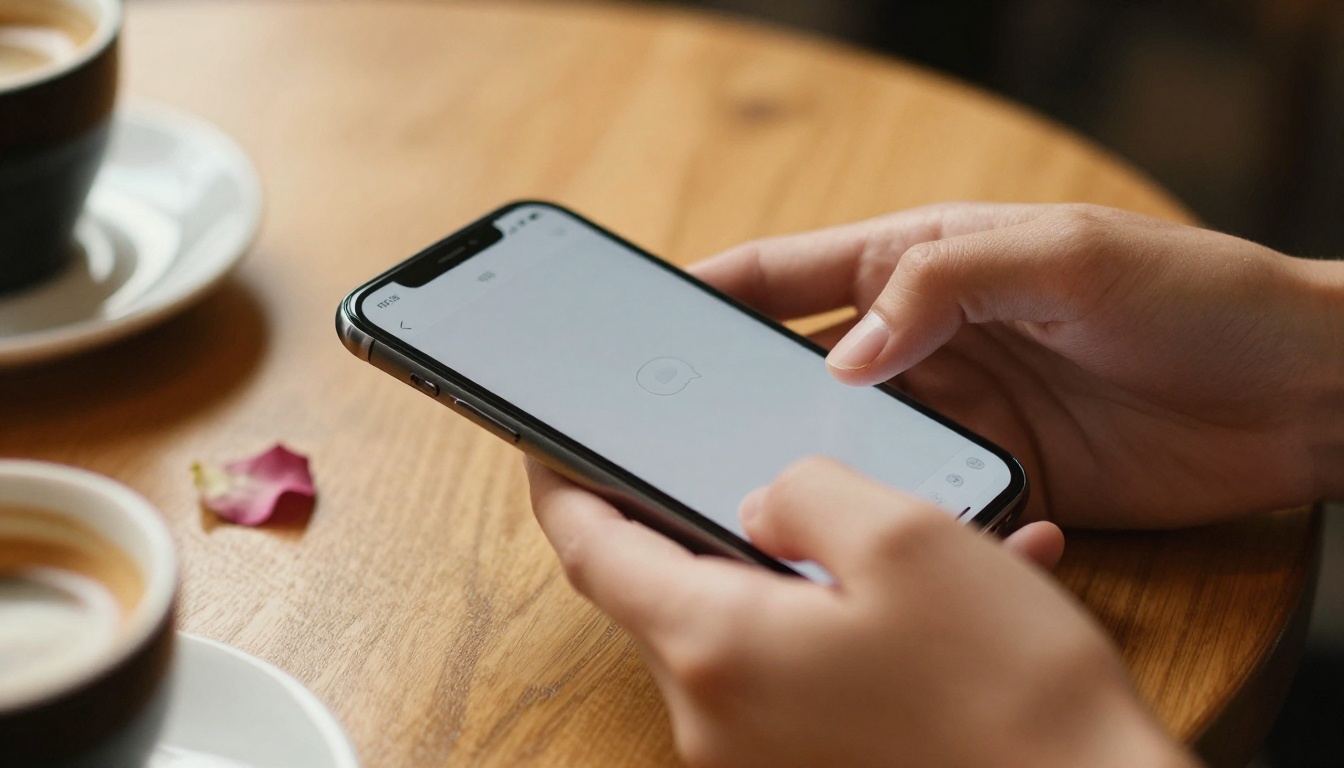 Feminine hands holding smartphone at sunlit café table