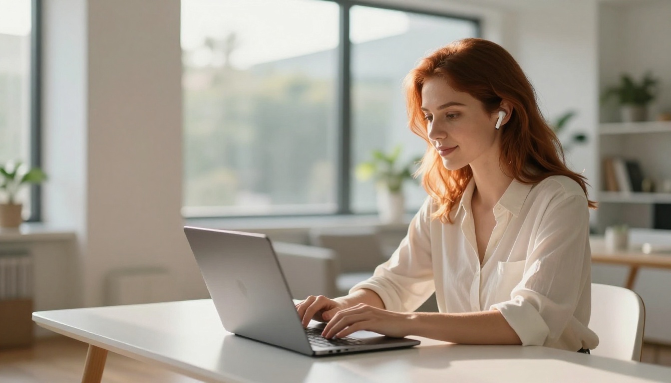 Woman with wireless earbuds at minimalist desk near sunlit window