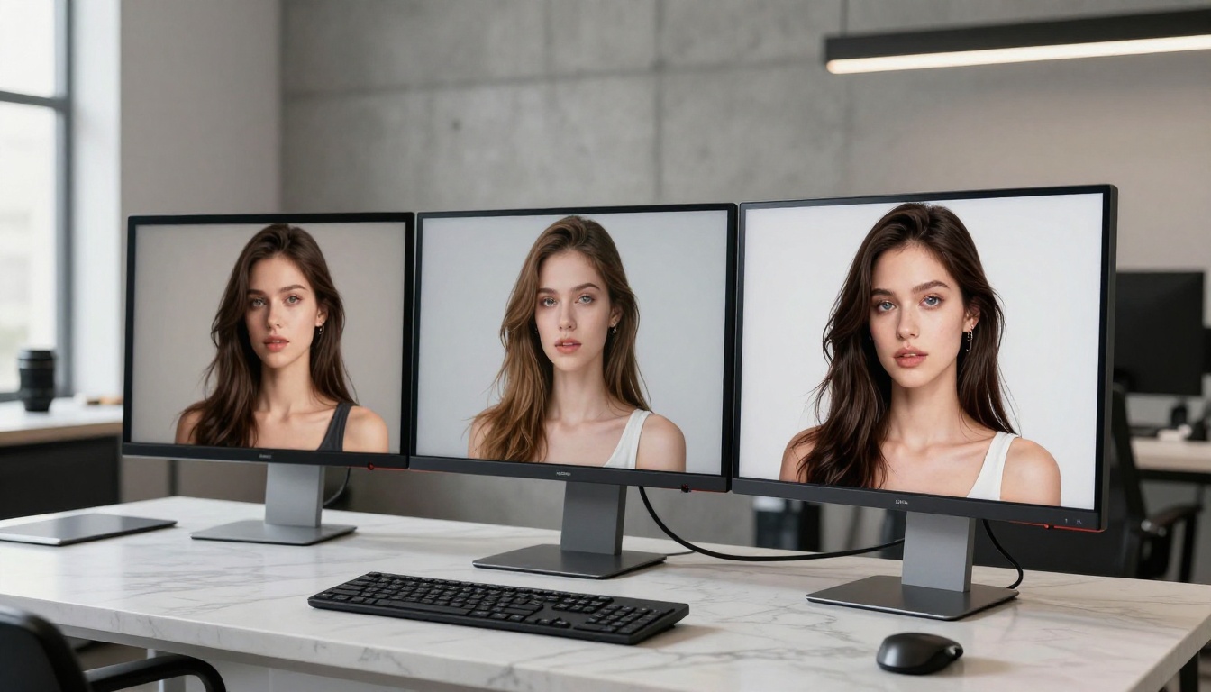 Two monitors side by side showing AI image generation interfaces in a minimalist studio