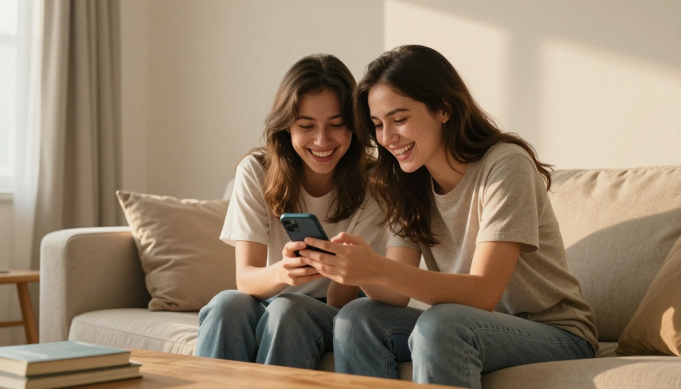 Two friends on light sofa laughing over shared phone screen