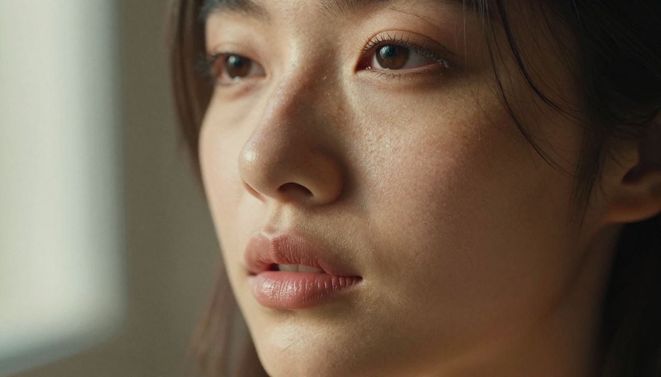 Extreme close-up portrait with morning light and natural skin texture showing freckles and pores