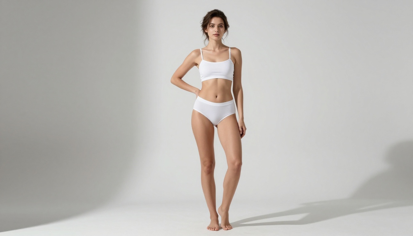 Young woman in white studio wearing white bandeau and high-waisted underwear against seamless backdrop