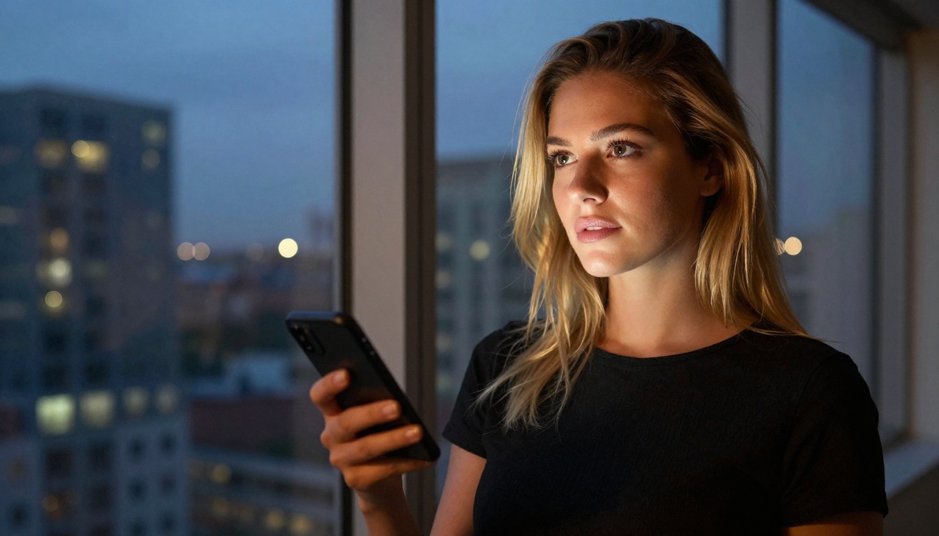 Low-angle portrait of woman by apartment window at dusk