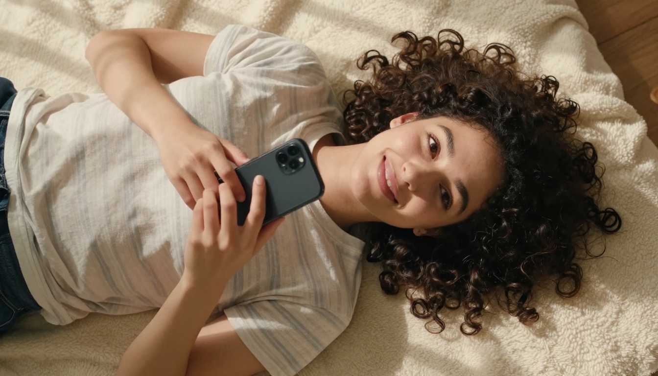 Aerial overhead flat-lay of woman on cream blanket with phone