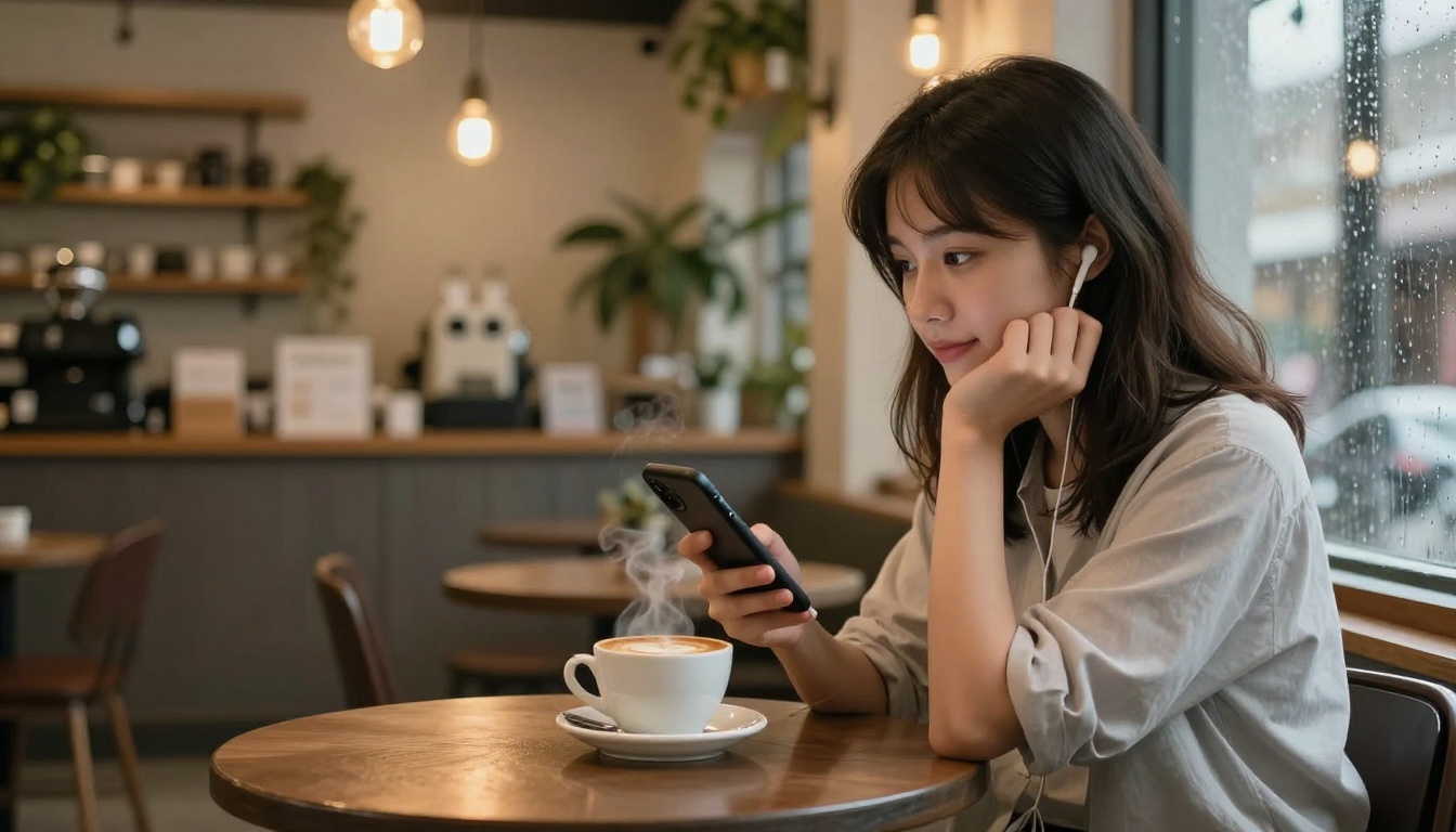 Young woman in coffee shop with earbuds glancing at phone