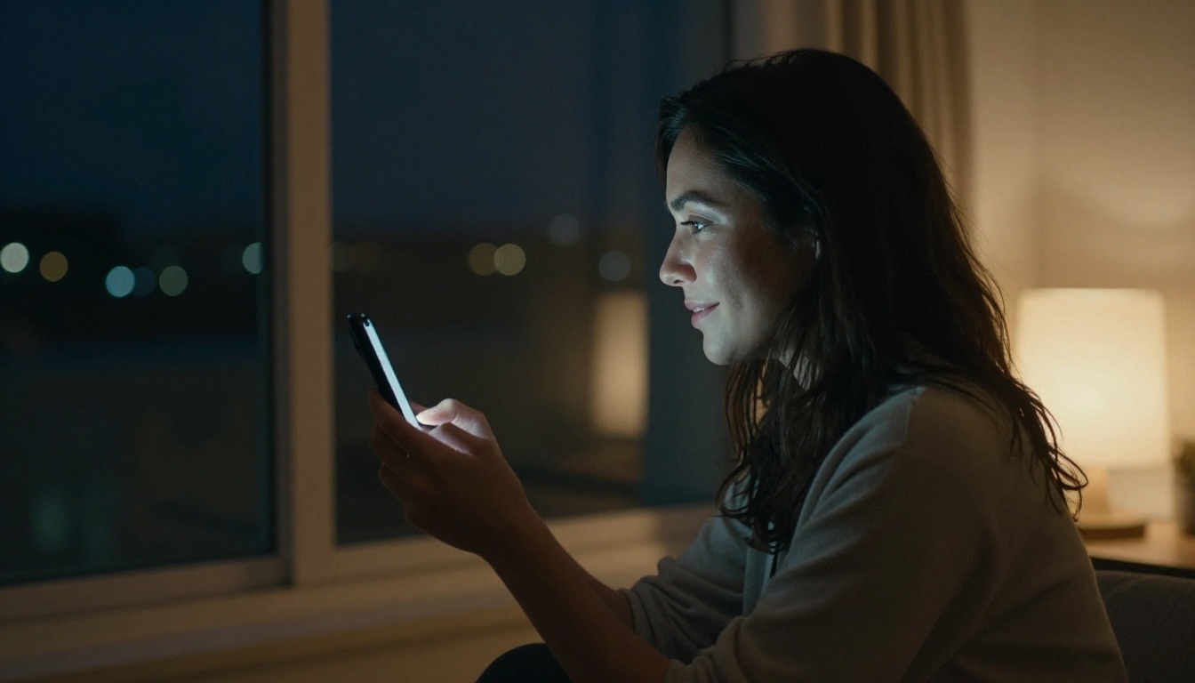 Woman at night window holding phone in video call pose