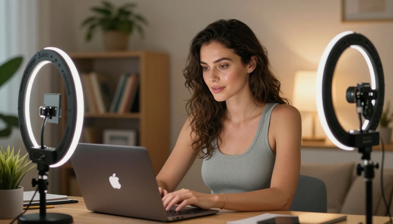 Woman in home studio workspace looking at laptop