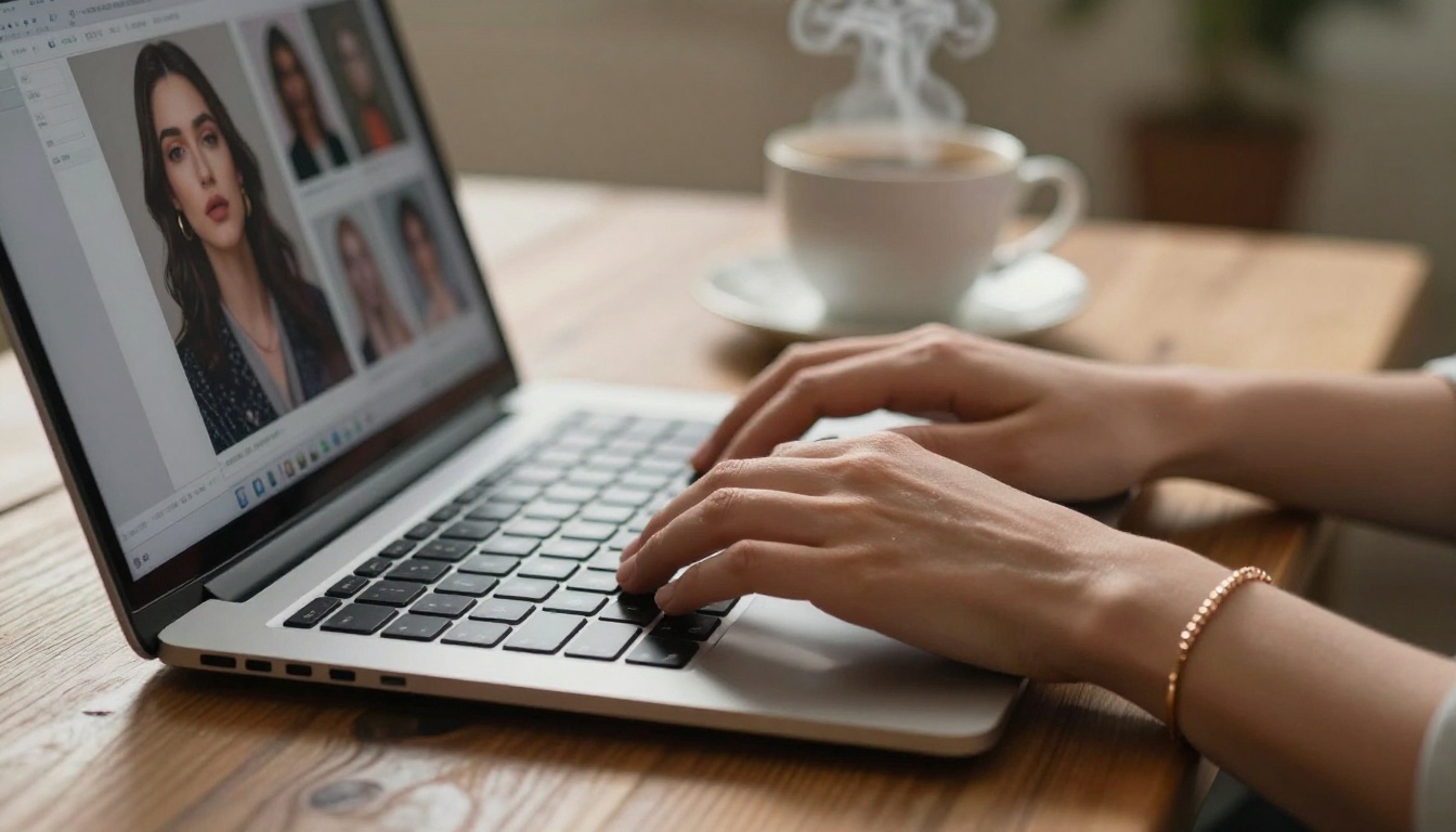 Close-up of hands on laptop with AI generation interface on screen