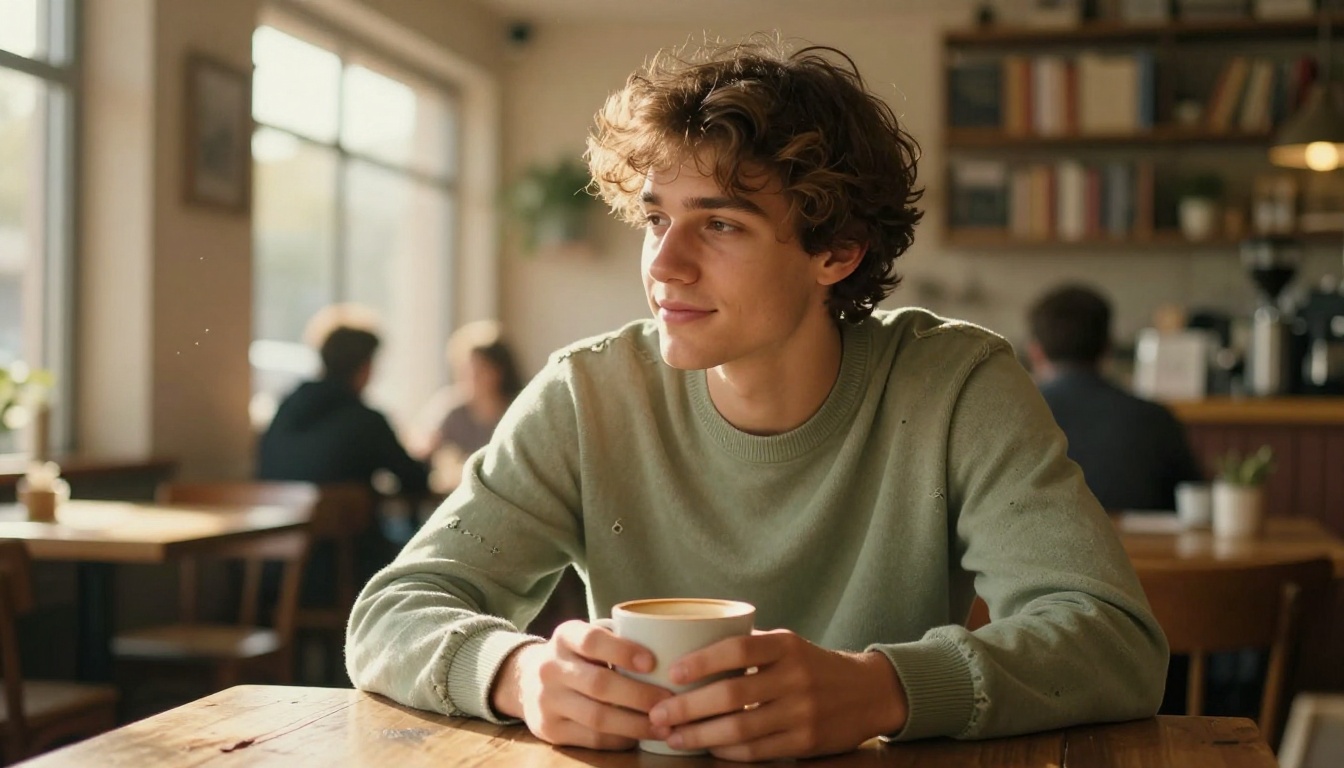 Young man at a sunlit cafe table with coffee, contemplative expression, warm window light