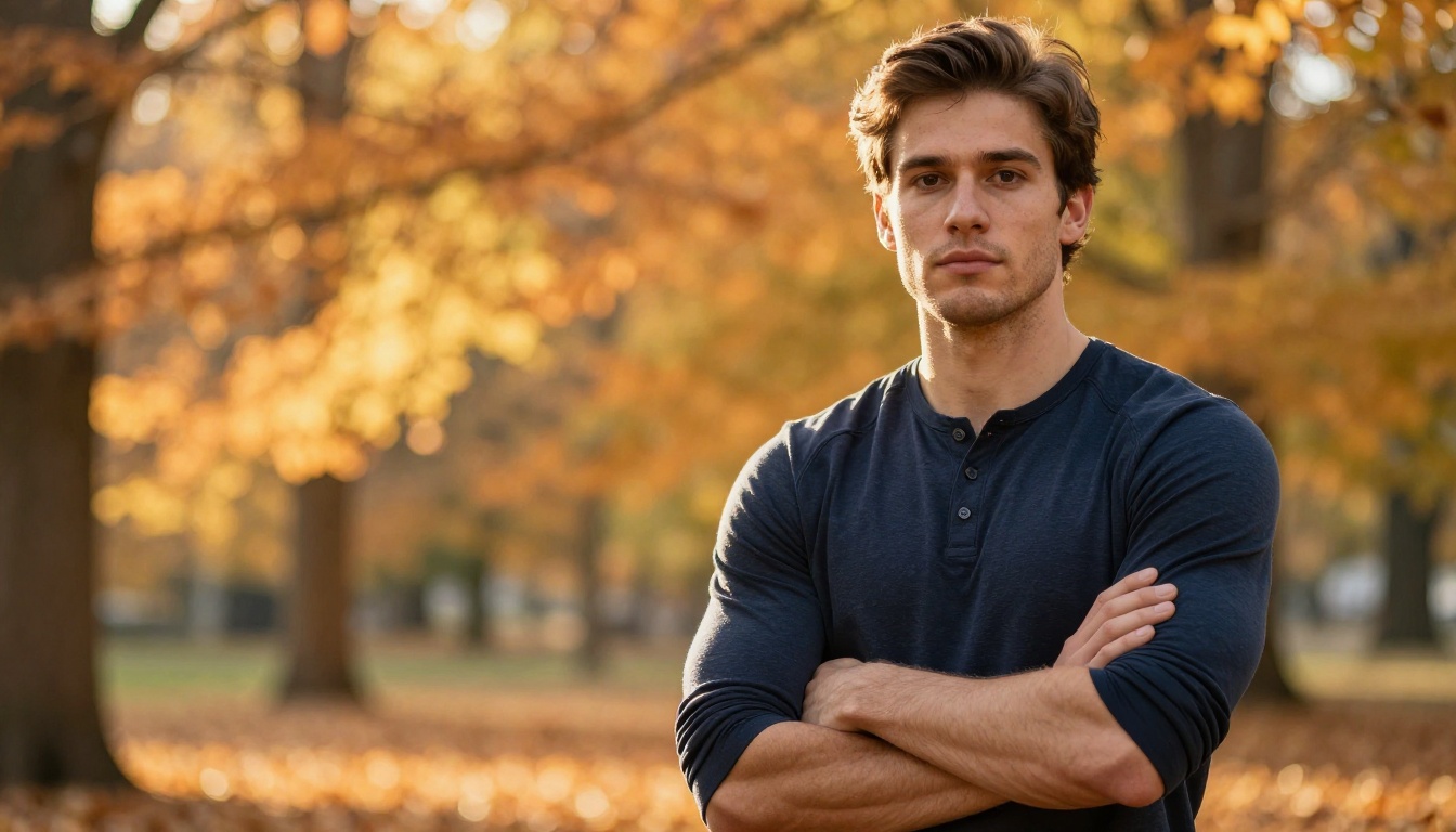 An athletic man in golden autumn park, confident expression, warm backlit late sun