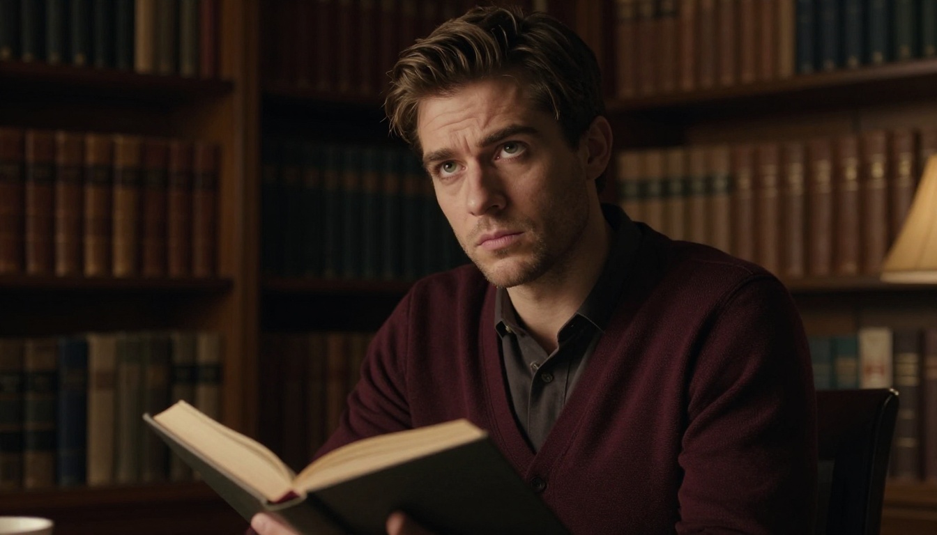 A brooding man in a warm dimly lit library holding a book, chiaroscuro lamp light