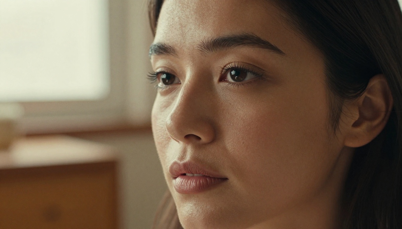 Close-up portrait of woman with luminous olive skin and natural beauty, 85mm f/1.4 warm afternoon light from upper-left window, Kodak Portra film grain