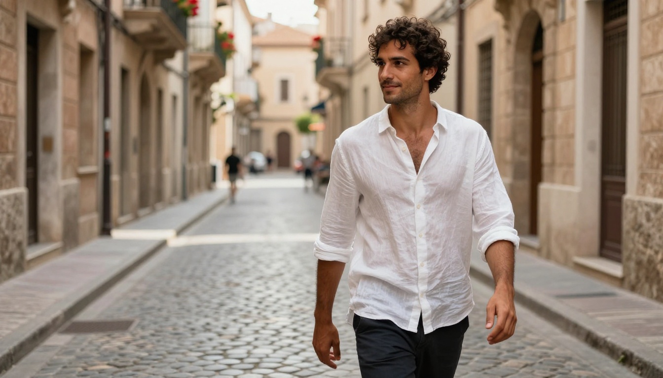 Man walking a Mediterranean cobblestone street, candid mid-stride, warm midday light