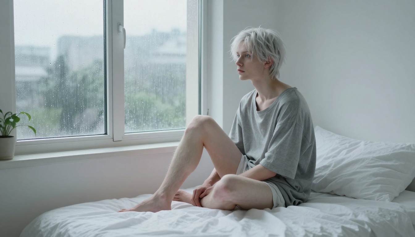 Man with pale skin and silver-white hair seated by a rainy window, overcast light