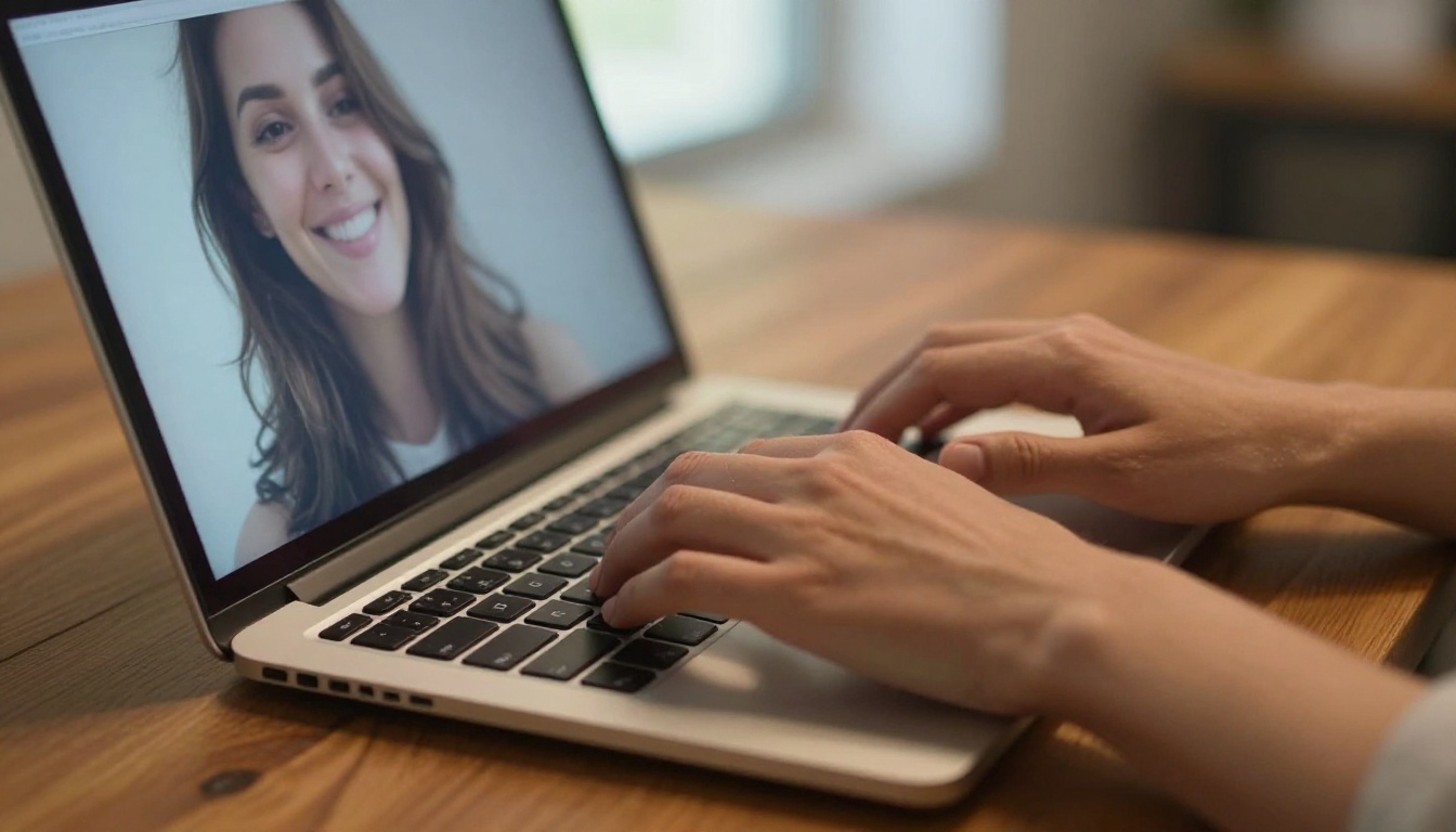 Close-up of woman's hands typing on laptop keyboard, screen reflecting blue-white glow on face in background, photorealistic editorial photography