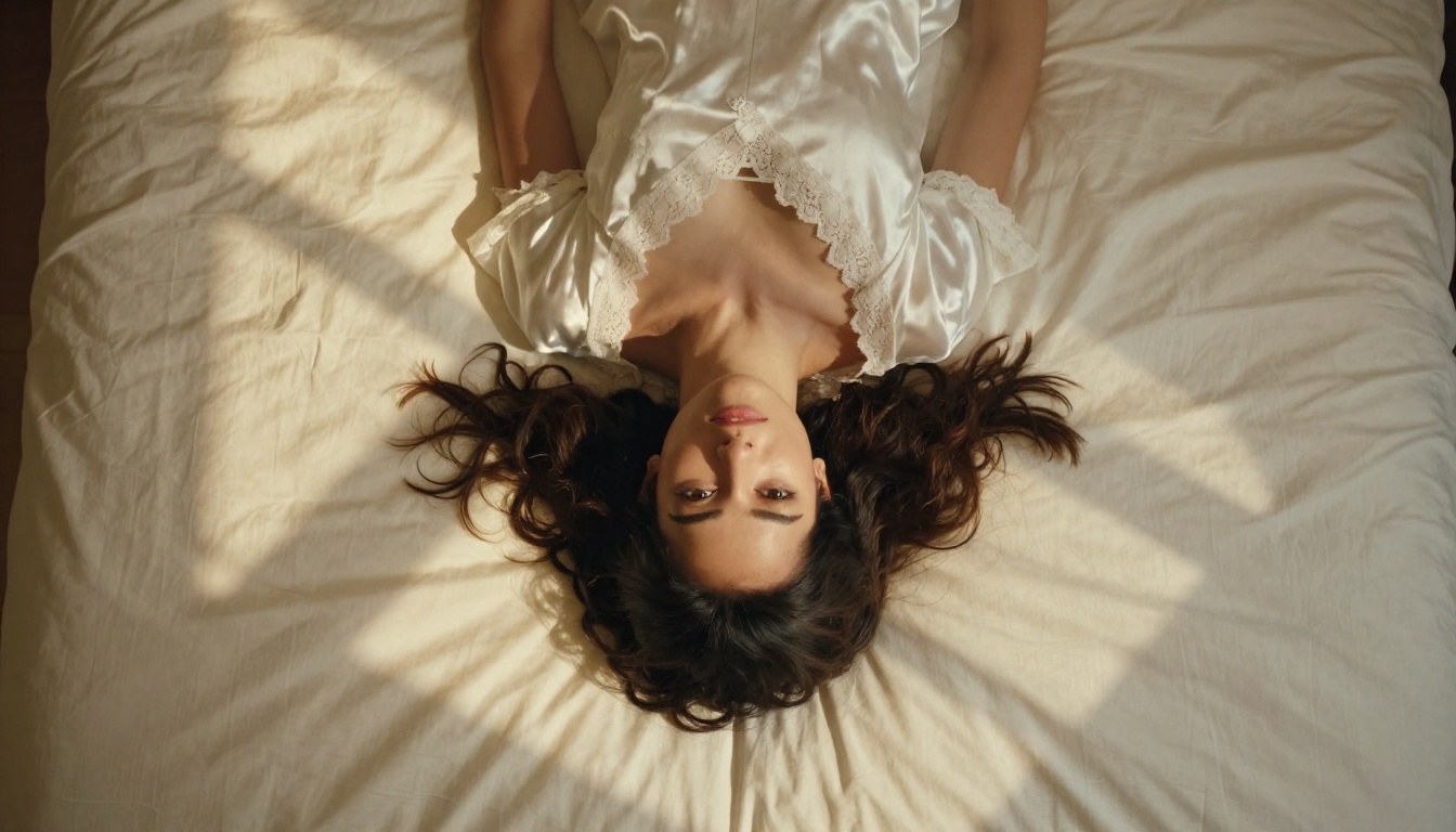 Overhead aerial lifestyle photograph of woman lying on cream silk sheets in golden morning light, photorealistic editorial photography