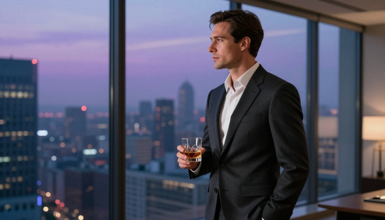 Man in charcoal suit at twilight city window, cinematic split-tone light, whisky glass
