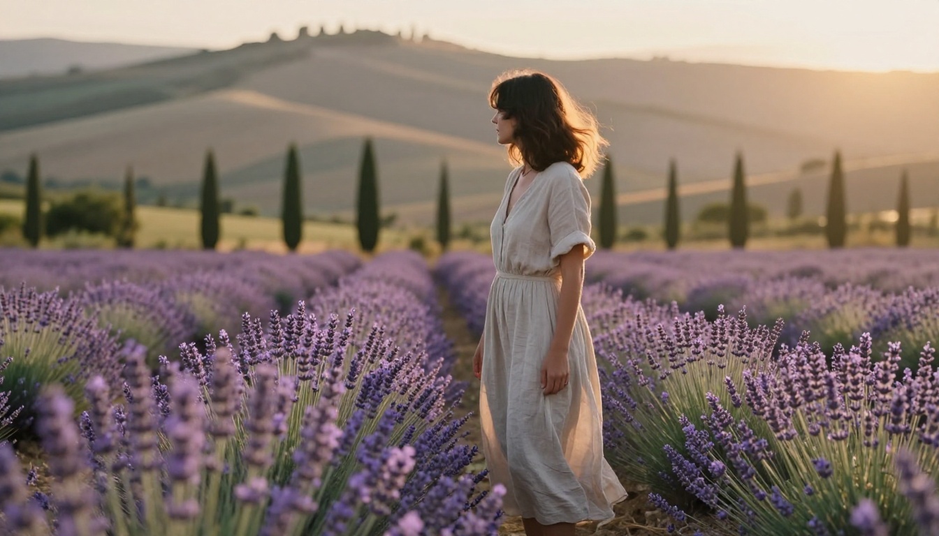 Woman standing in lavender field at golden hour, light linen dress catching the breeze, rolling Provence countryside in background, photorealistic