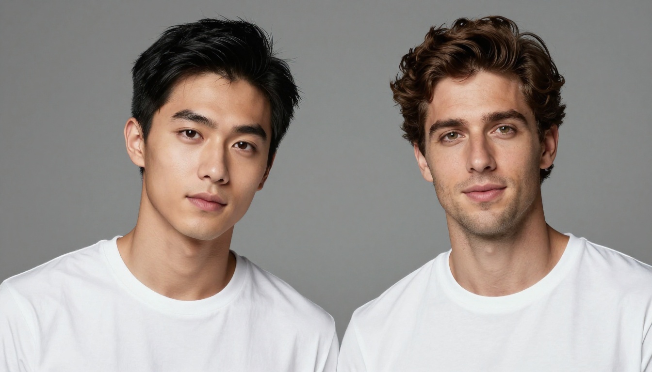 Two men side by side in a photography studio, symmetric composition, contrasting features