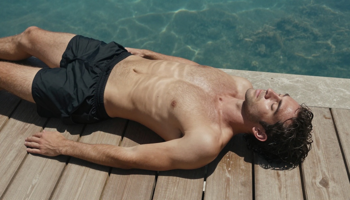 Man in swim shorts relaxing by an infinity pool, aerial overhead view, sun caustics on skin