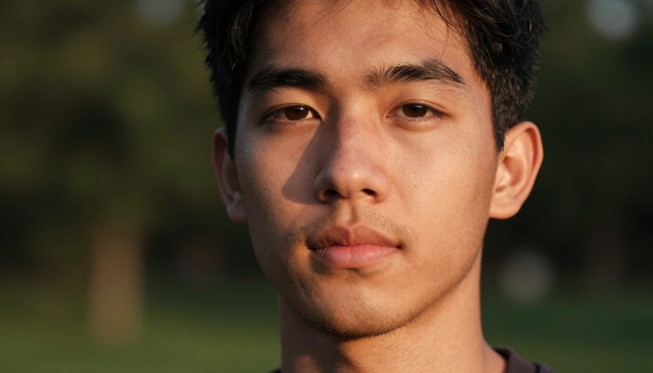 Outdoor golden hour portrait with natural pores, beard stubble detail, and authentic skin sebum sheen in warm sidelight