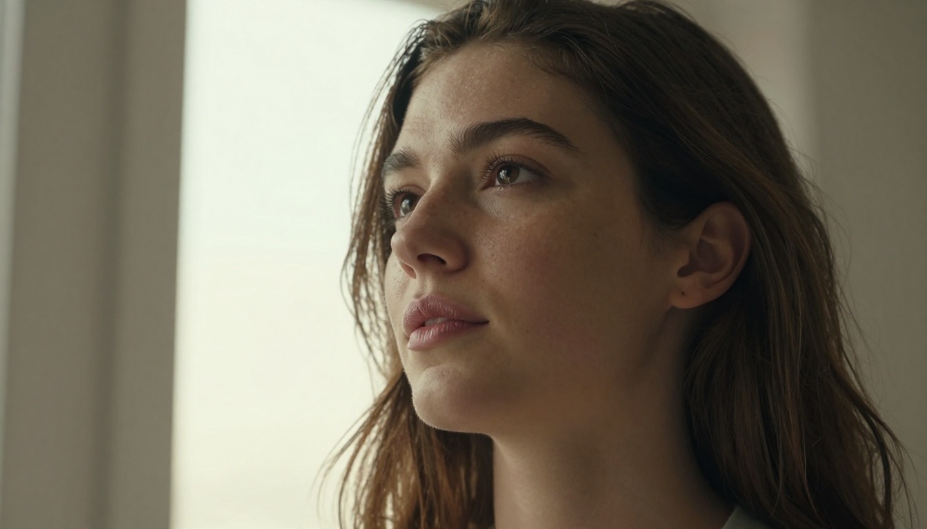 Low-angle portrait showing natural skin texture and neck anatomy with volumetric morning backlight creating rim light on hair