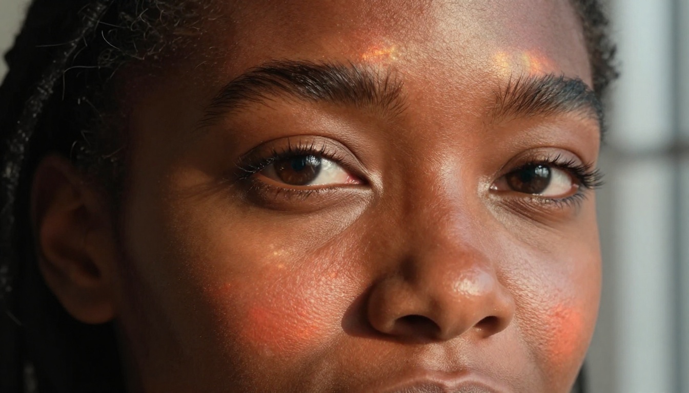 Portrait of a woman with deep brown skin showing rich melanin tonal complexity and subsurface warm glow along cheek edges in window light