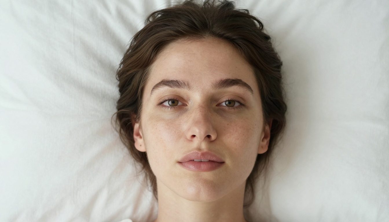 Overhead aerial portrait with natural skin texture visible from above in symmetrical studio lighting composition