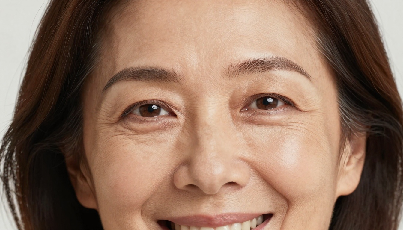 Three-quarter portrait showing natural aging skin with fine character lines, genuine skin texture, and authentic beauty