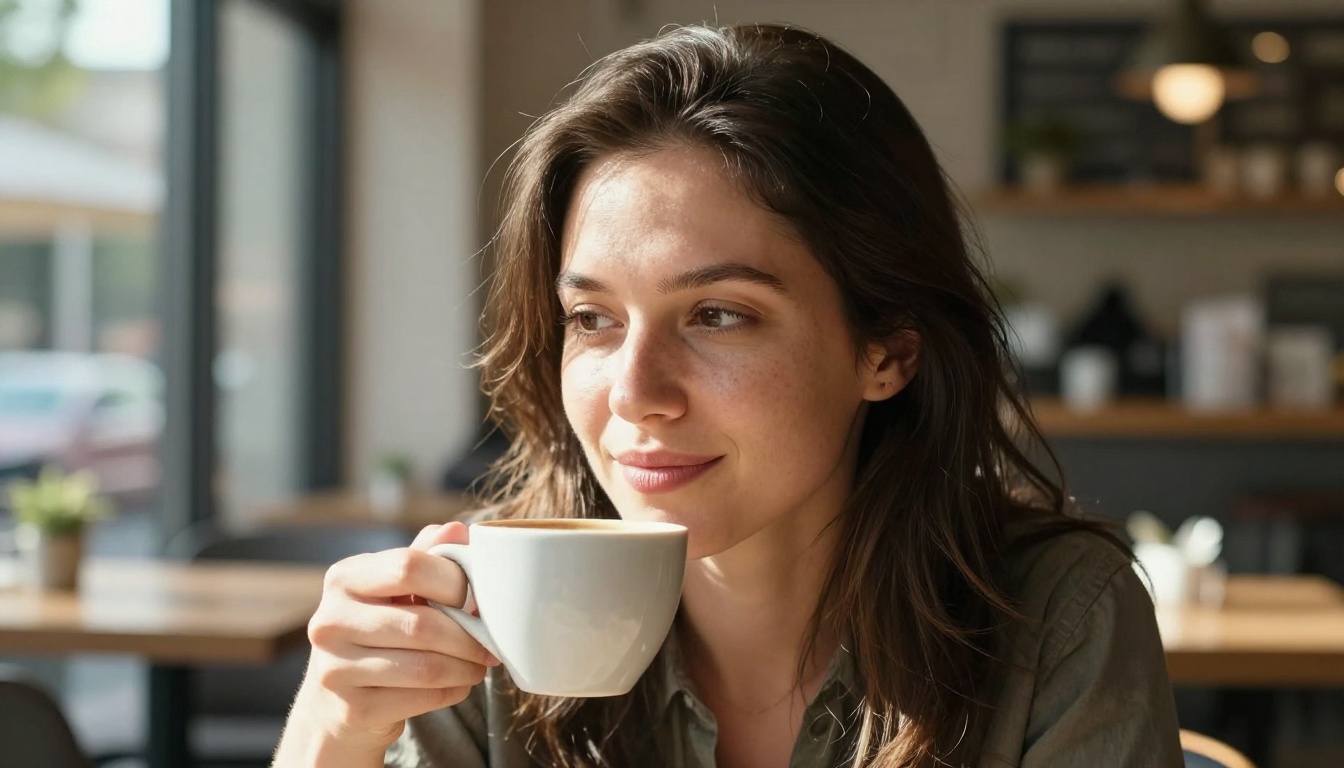 Environmental portrait in natural cafe daylight showing authentic skin color, visible pores, and candid expression without retouching