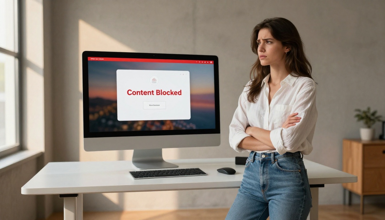 A content creator standing in a minimalist studio, looking with mild frustration at a monitor displaying a content blocked notification A content creator standing in a minimalist studio, looking with mild frustration at a monitor displaying a content blocked notification