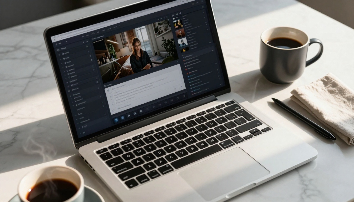 Sleek laptop with AI video generation interface displayed on a white marble desk, warm morning light Sleek laptop with AI video generation interface displayed on a white marble desk, warm morning light
