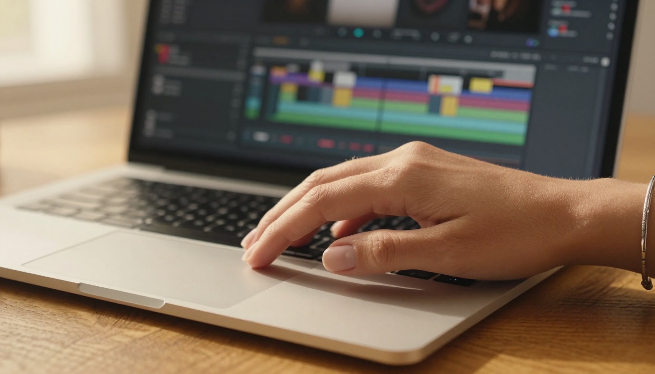 Elegant close-up of a woman's hands poised above a keyboard, a video editing timeline visible in the softly blurred background Elegant close-up of a woman's hands poised above a keyboard, a video editing timeline visible in the softly blurred background