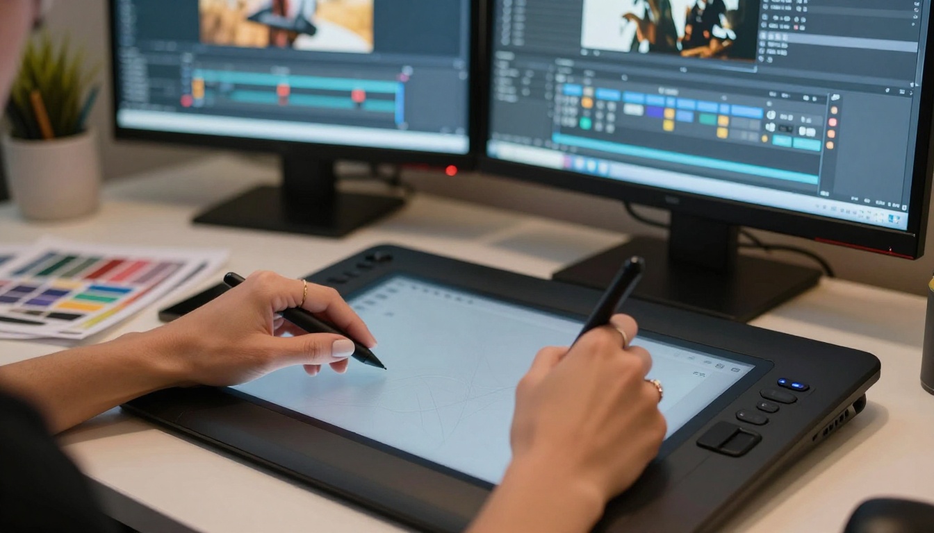 A creative professional using a drawing tablet stylus with professional editing software visible on dual monitors in the background A creative professional using a drawing tablet stylus with professional editing software visible on dual monitors in the background