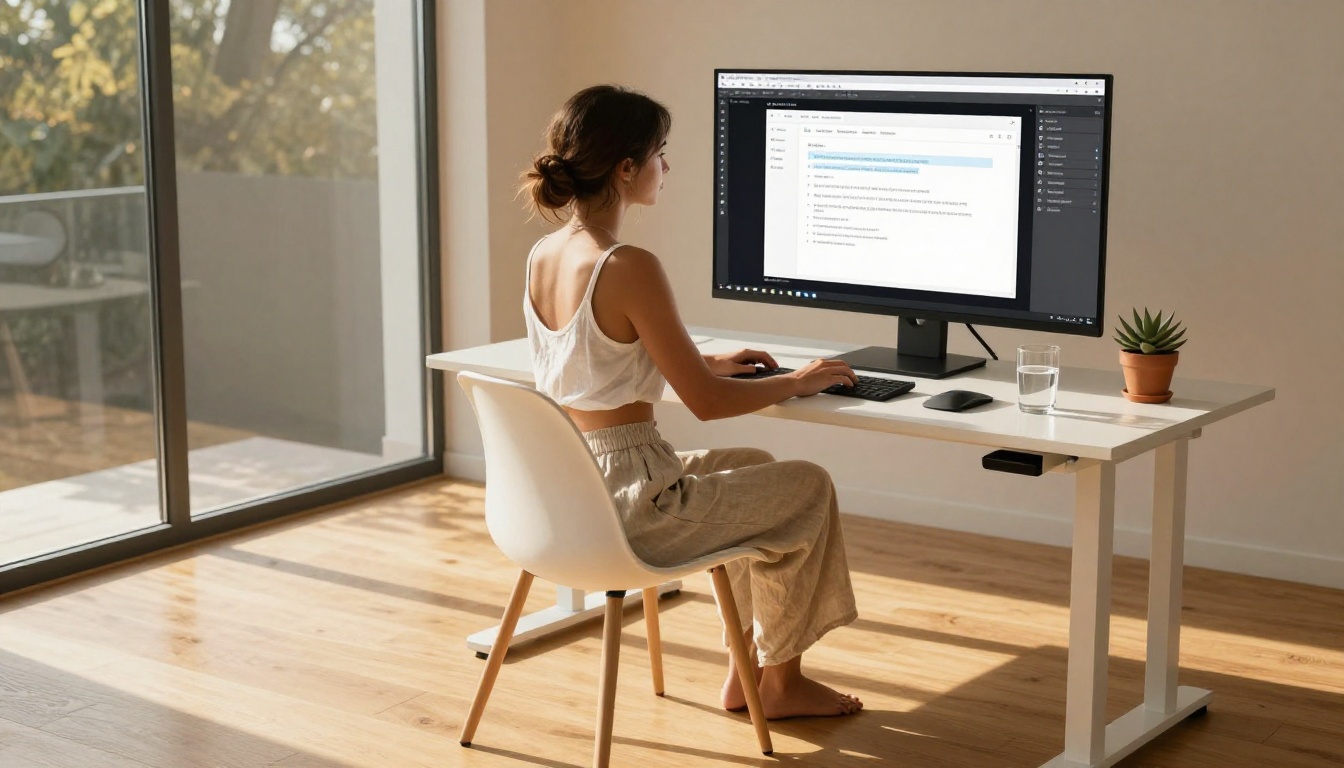 Young woman at a white standing desk in warm afternoon sunlight, working on AI generation tools displayed on a curved monitor Young woman at a white standing desk in warm afternoon sunlight, working on AI generation tools displayed on a curved monitor