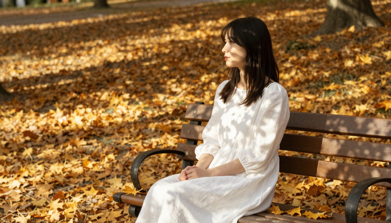 Still waifu on park bench in autumn