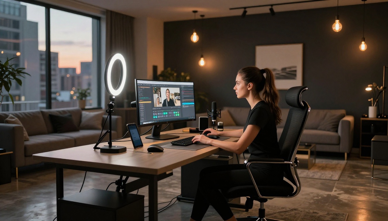 Wide-angle creative studio setup with an ultrawide monitor, woman in black athleisure reviewing AI content, warm Edison lighting overhead Wide-angle creative studio setup with an ultrawide monitor, woman in black athleisure reviewing AI content, warm Edison lighting overhead