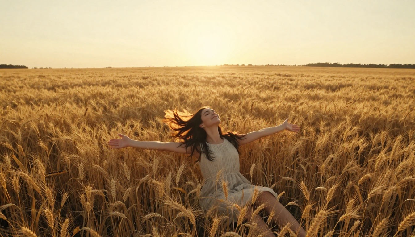 Waifu lying in golden wheat field at sunset, aerial view