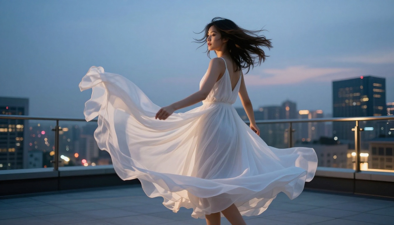 Elegant waifu in white dress twirling on a rooftop at blue hour