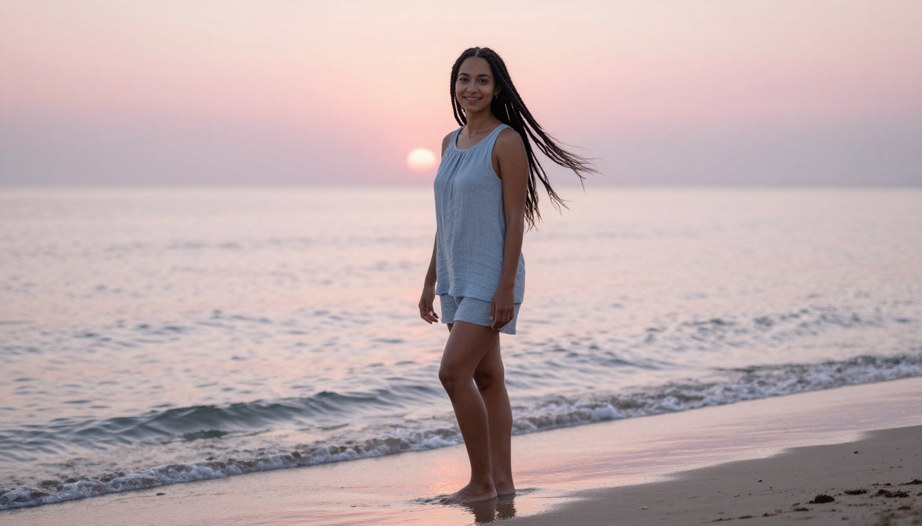 Waifu at the ocean edge at sunrise, coastal breeze