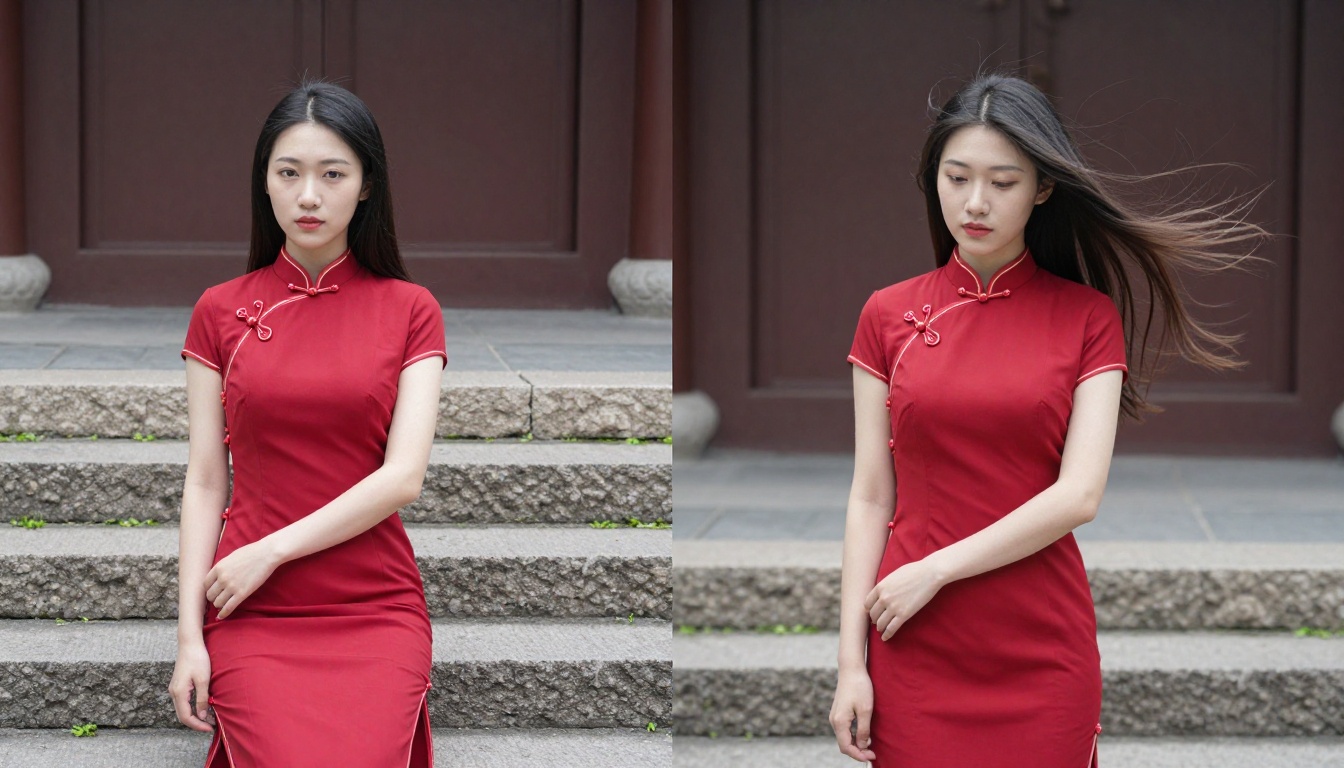 Red qipao waifu, still versus animated comparison