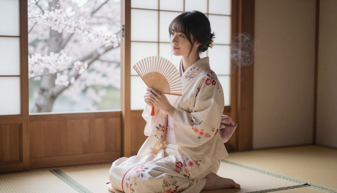 Waifu in floral kimono in a traditional Japanese room