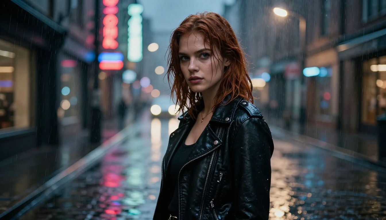 Cinematic waifu in rain-soaked alley at night