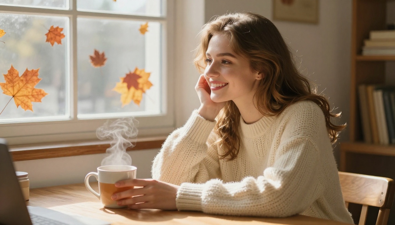 Waifu at a sunlit desk, warm and inviting atmosphere