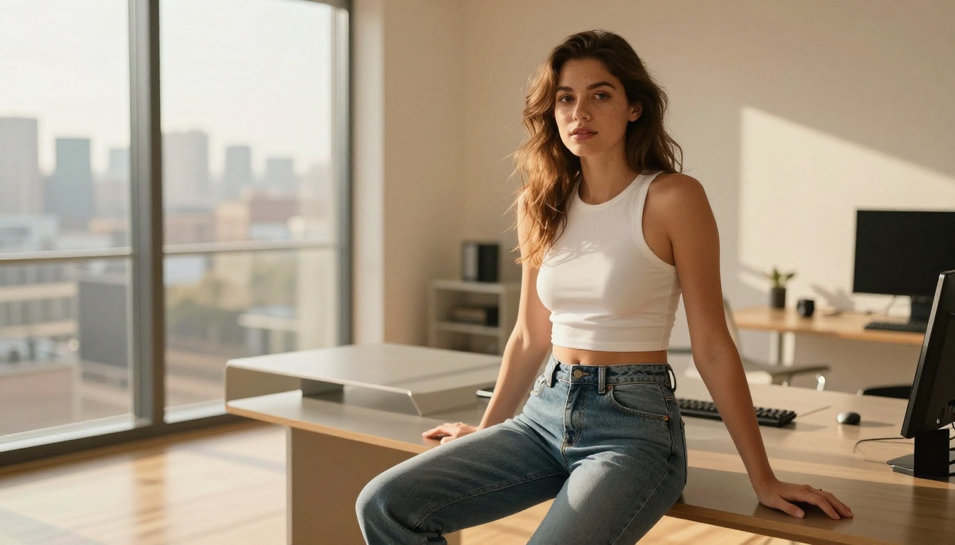Woman in a white crop top and jeans sitting on a desk in a sunlit office with a city view