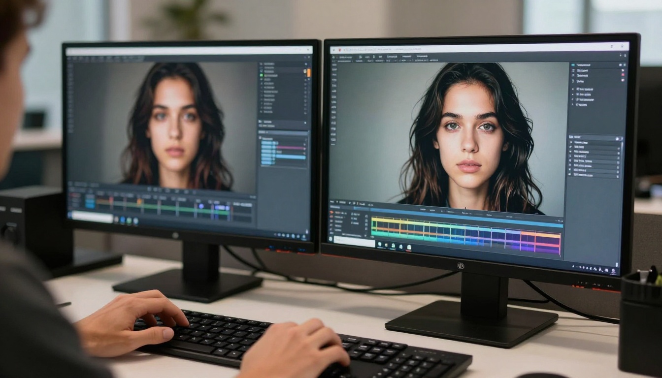 Person editing a portrait of a dark-haired woman on two monitors with a video timeline