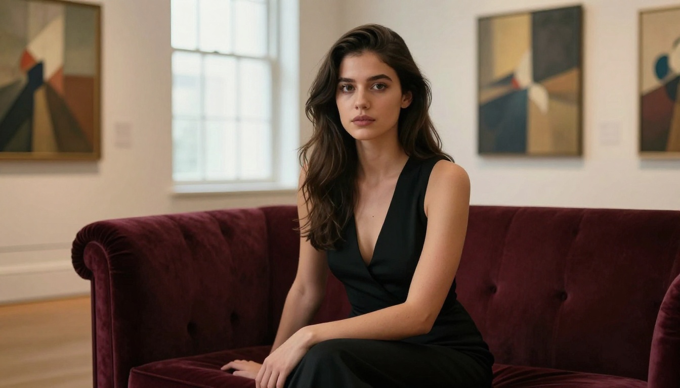 Dark-haired woman in a black dress seated on a burgundy velvet sofa in an art gallery
