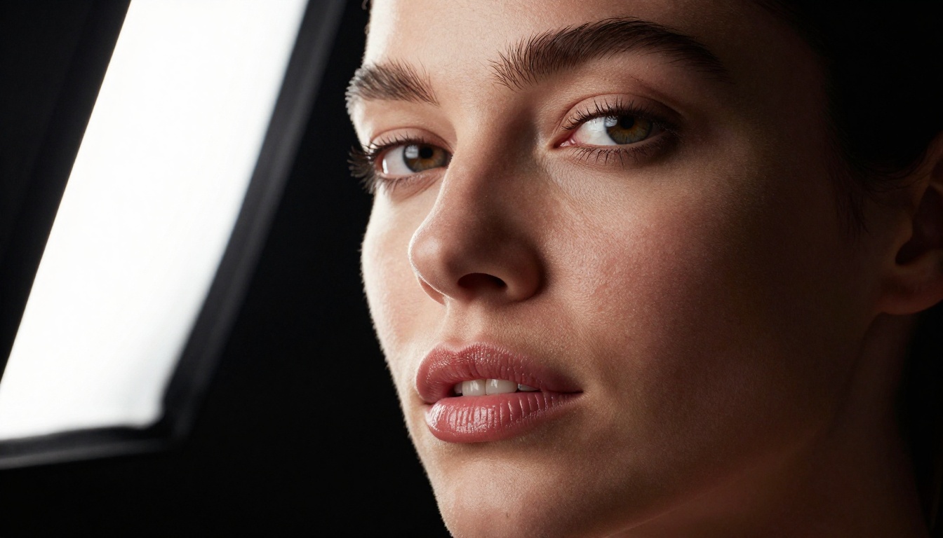 Close-up of a woman's face with hazel eyes lit by a studio softbox