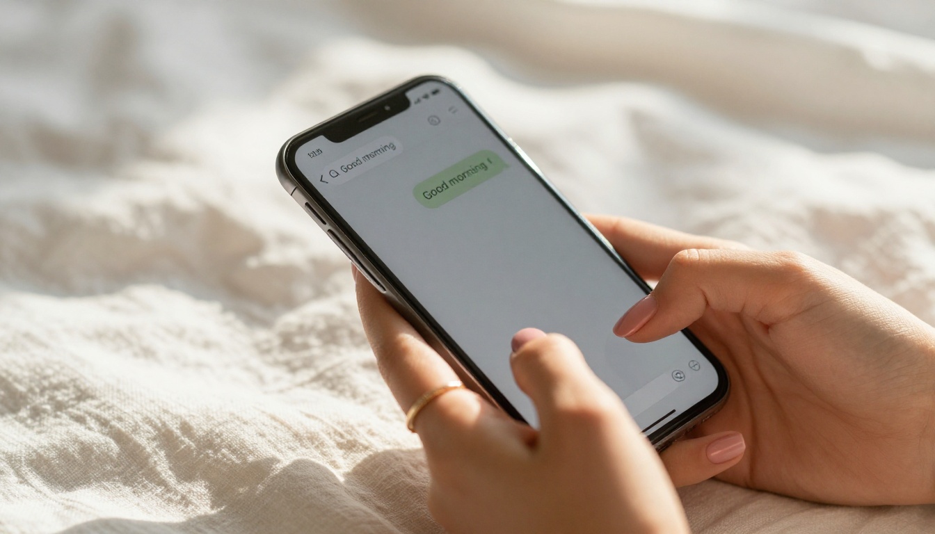 Close-up of hands holding phone with chat bubbles visible