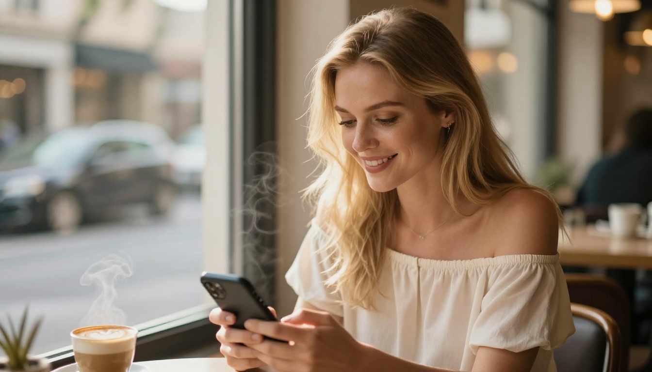 Beautiful woman at cafe smiling at phone next to latte